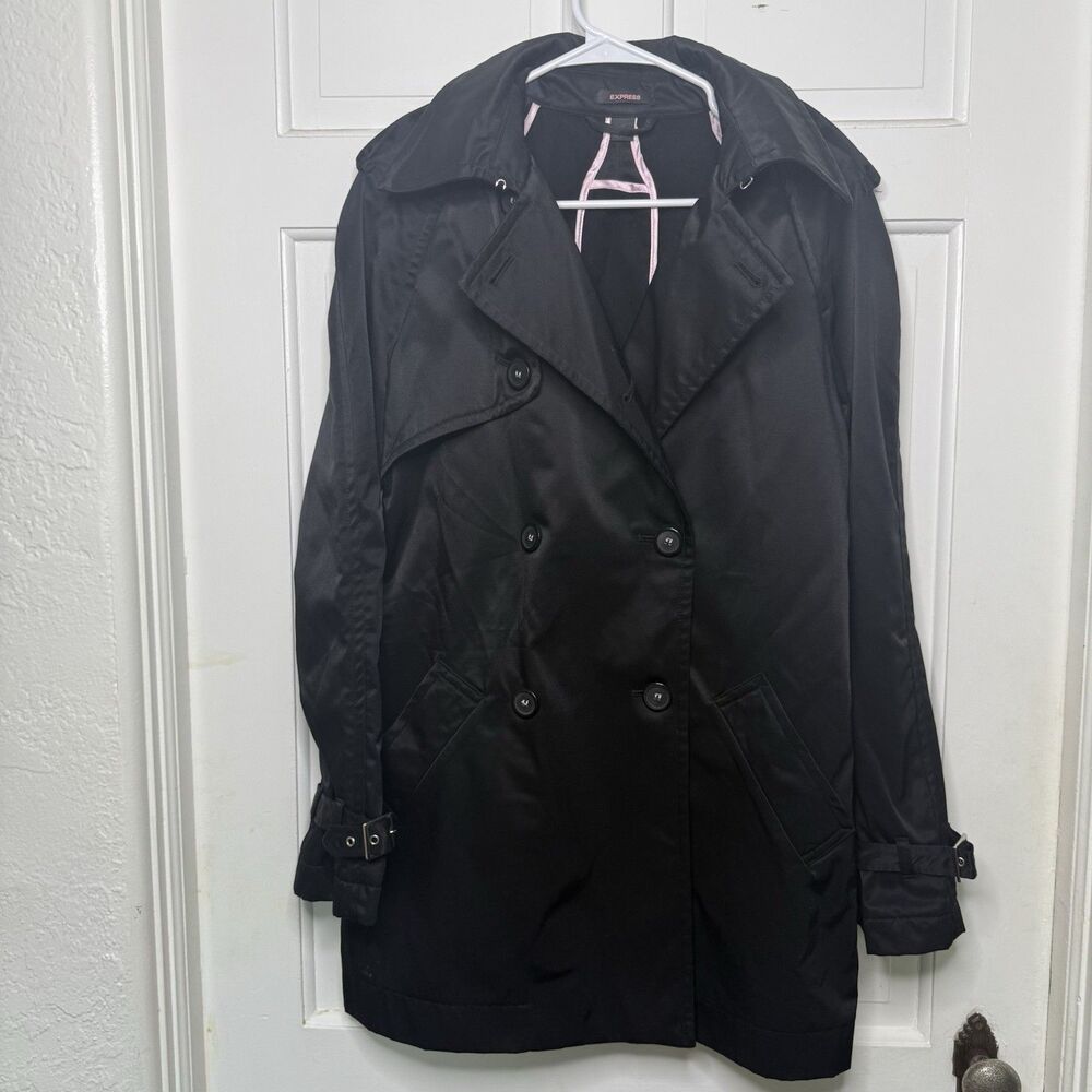 Express Women’s Black Double-Breasted Trench Coat Size 10 Belted Lined Classic